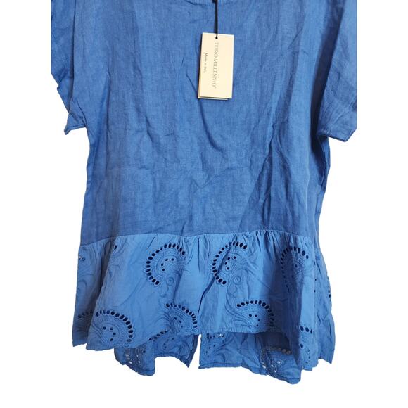 Terzo Millennio Blue Linen Eyelet Detail Blouse, NWT, Large - Picture 3 of 6